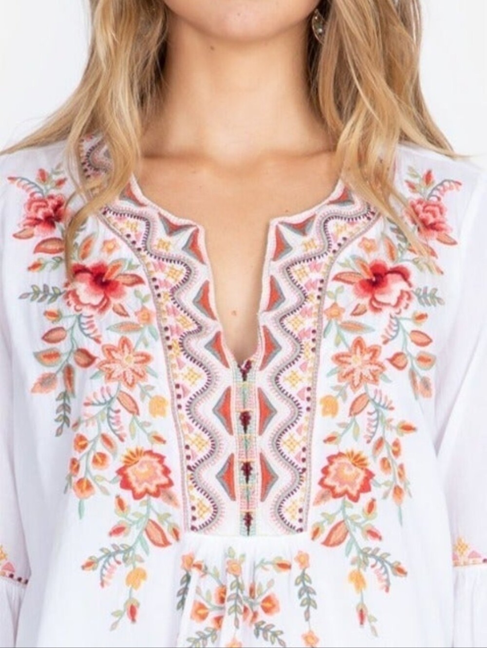 NWT Johnny Was White Linen Tunic with Embroidery Large Chandra Peasant - Picture 4 of 5